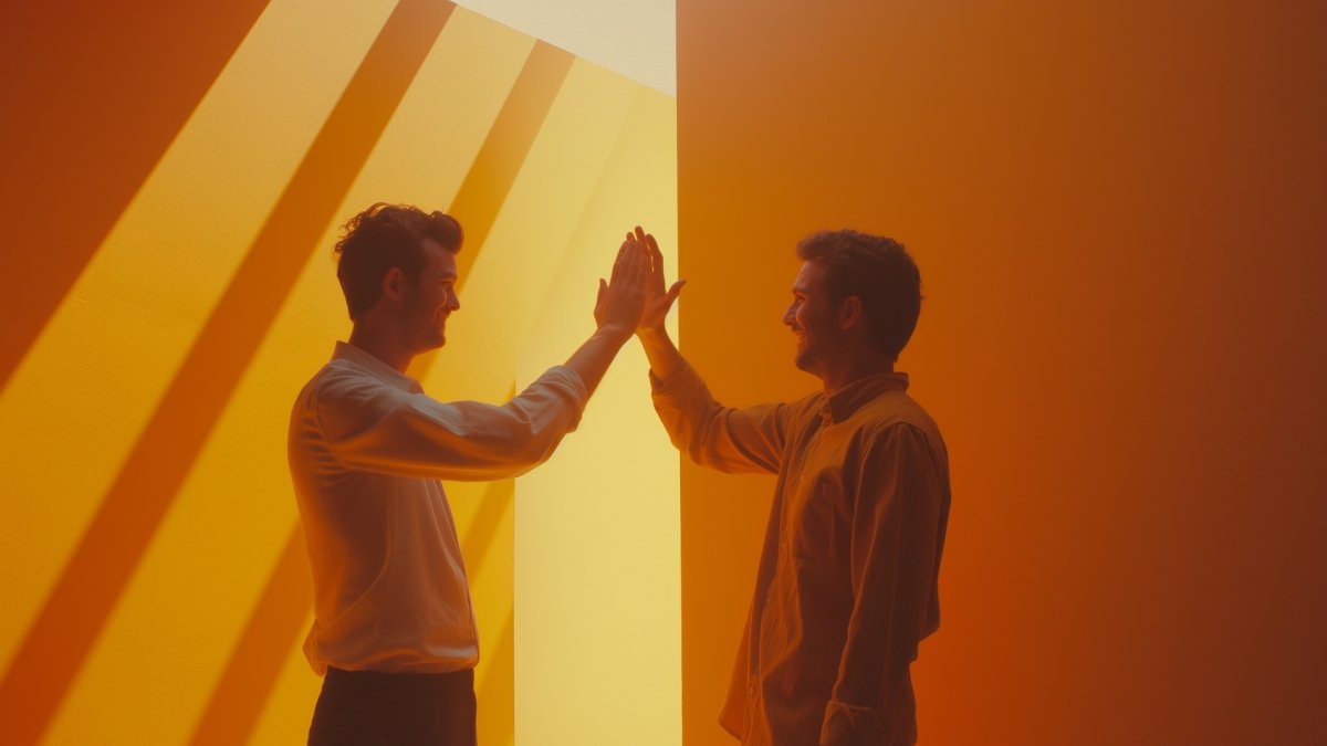 Bromance between two guy friends, giving high five to each other