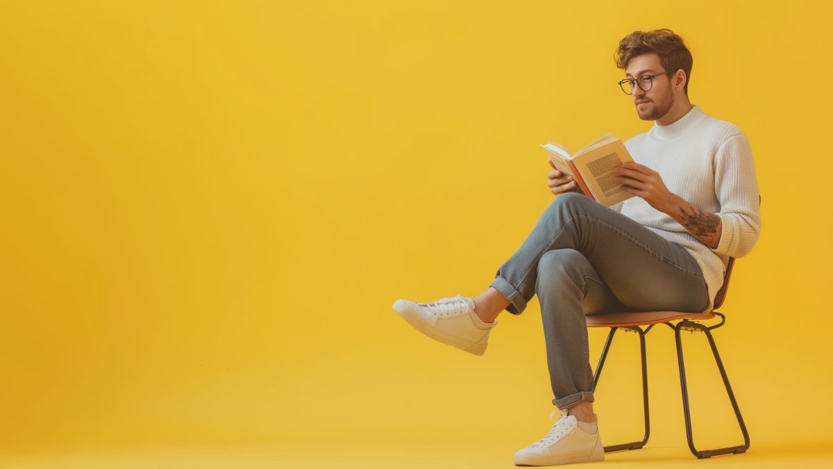 Man sitting on a chair reading a book about exercises to build confidence
