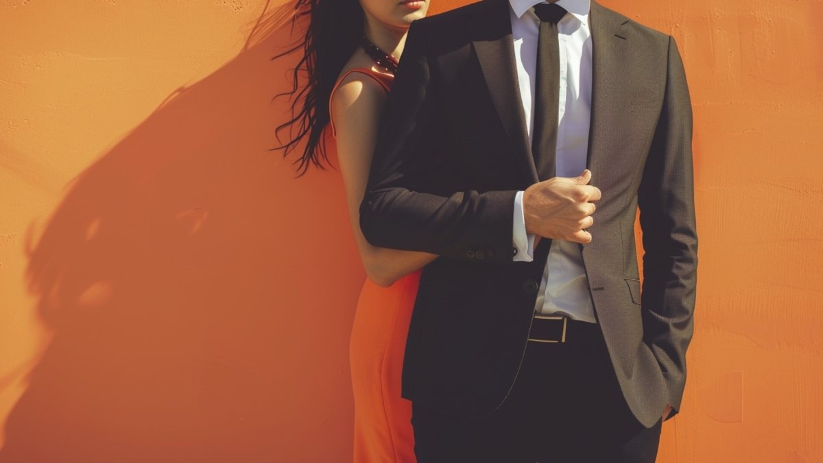 A dominant man wearing black suit holding his woman's hand,