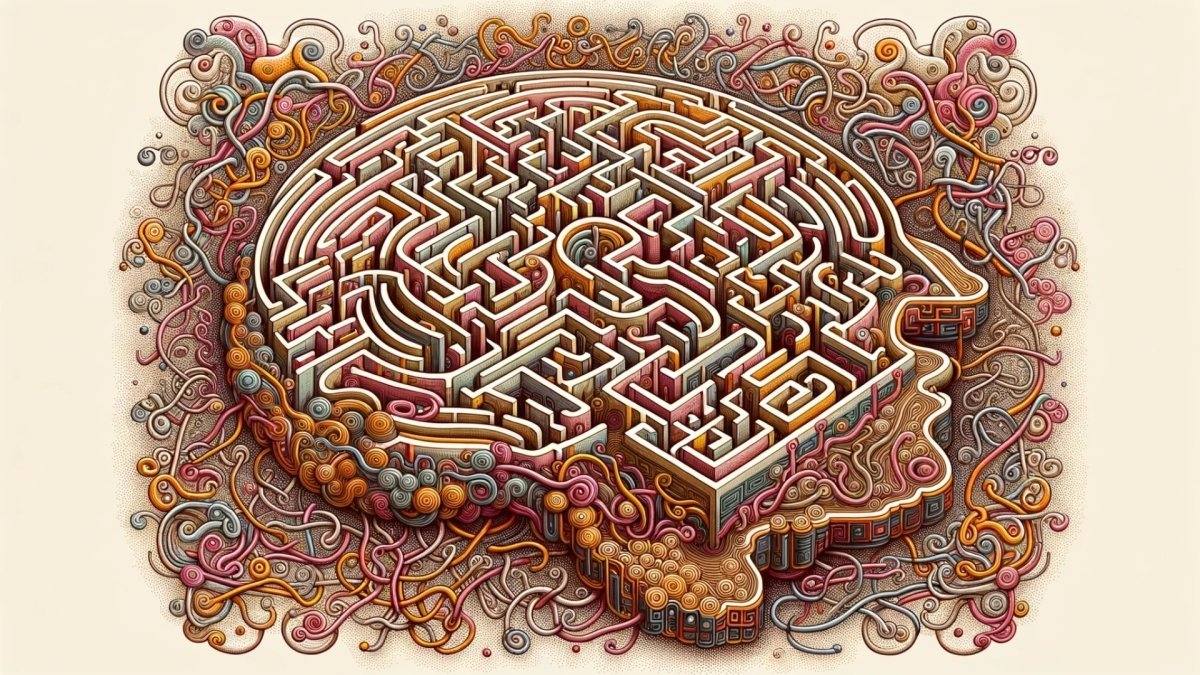 illustration colorful head with maze inside representing ego and soul