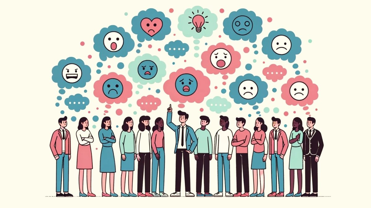 illustration group of fourteen people discussing with empathy and sympathy