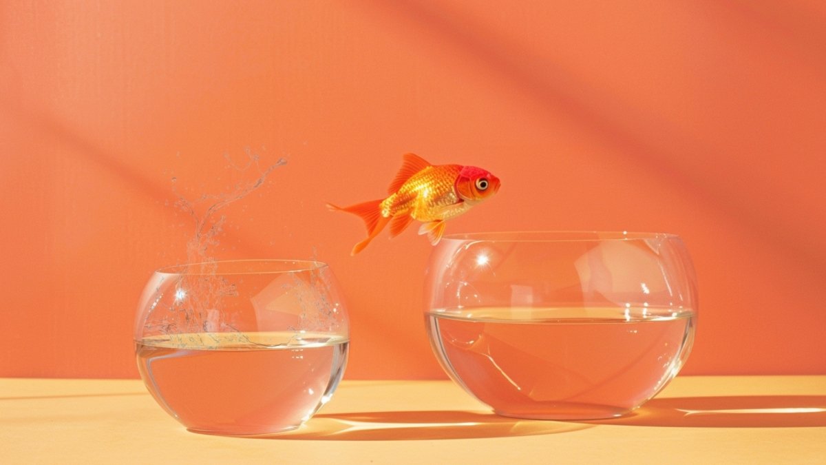 A fish jumping from the smaller bowl to the bigger one, seizing the opportunity 