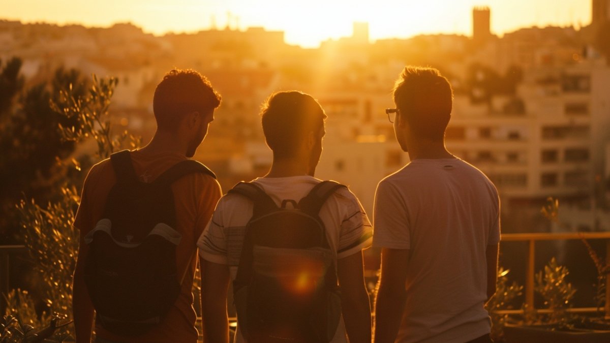Three guy friends spending time together