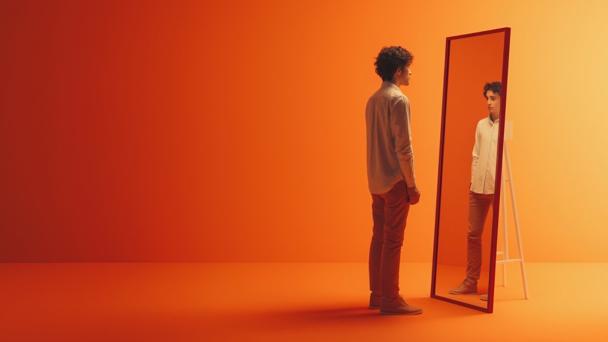 Man standing in front of mirror and thinking, 'What makes him Special?'