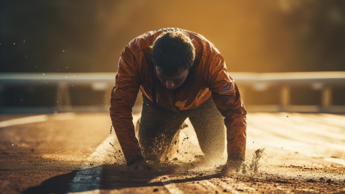 A Racer in the field trying to get back up after failure