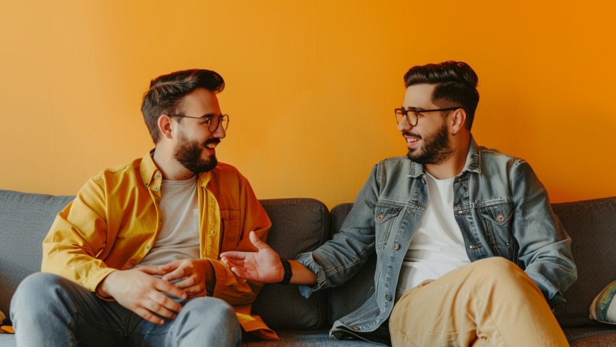 two friends talking sitting on a sofa, relating to each other's situation