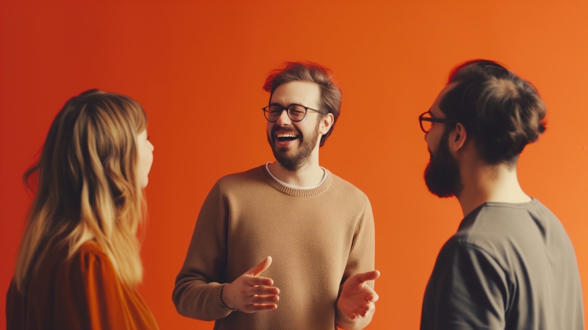 two people listening to a talkative colleague
