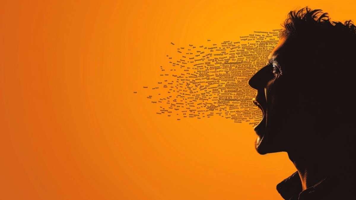 Random words coming out of man's mouth as he tries to express himself