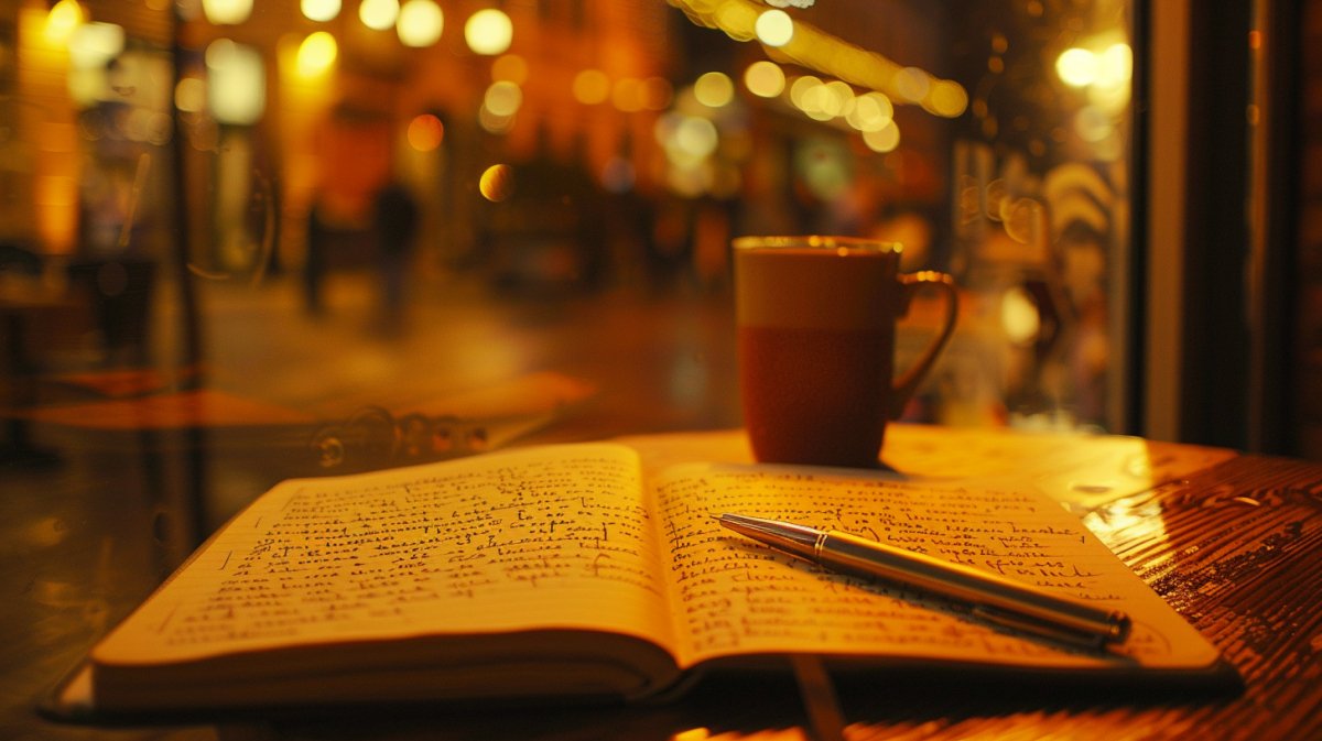 journal on table with pen and cup of tea