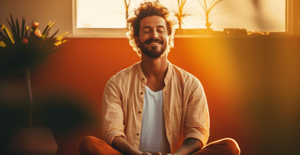man smiling practicing seated meditation during a holistic coaching session