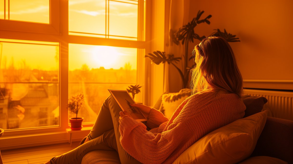 woman watching photo on couch at sunset