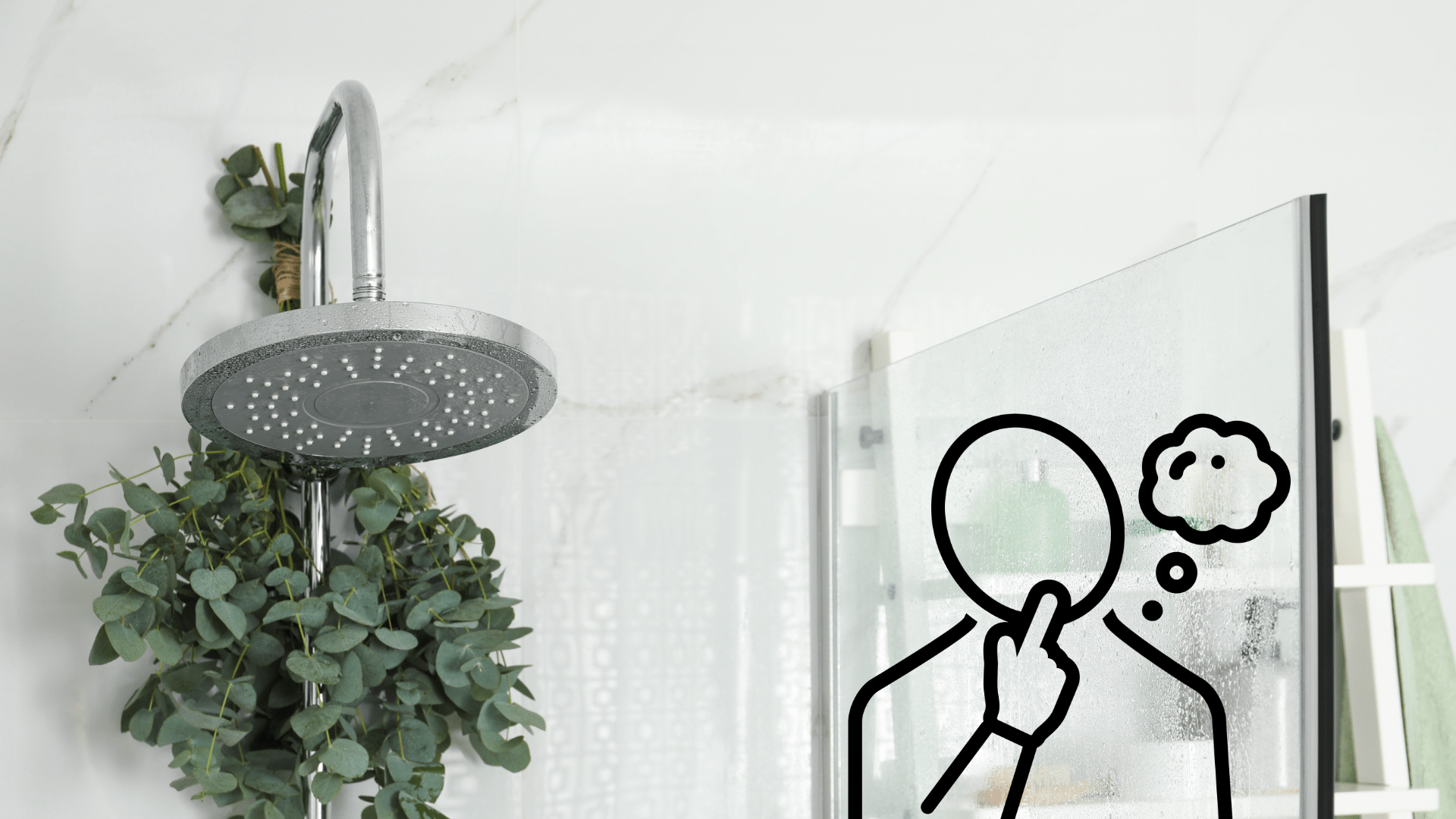 shower head in bathroom with an icon of a man thinking