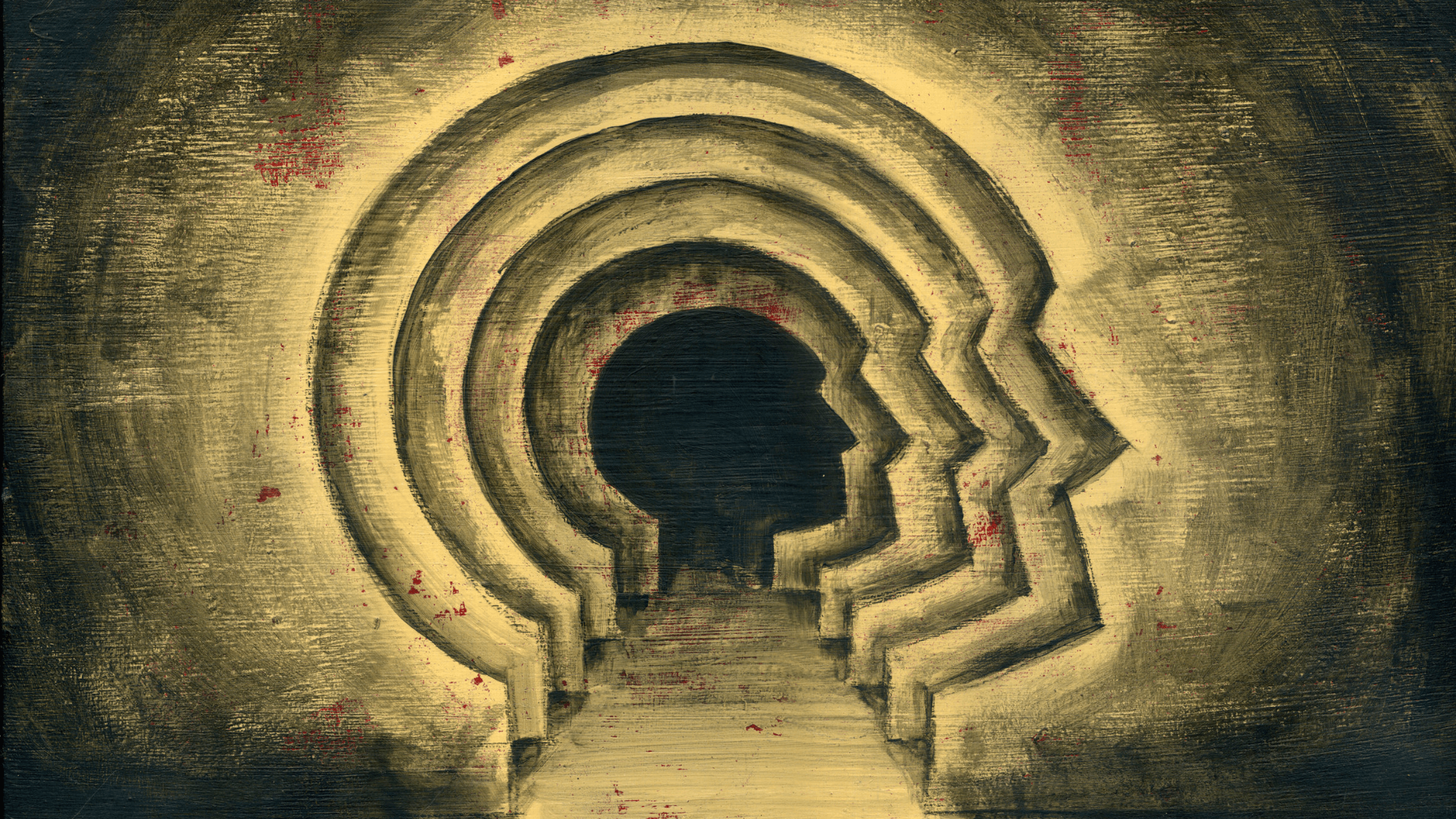 artisitic paint, with outlines of faces getting smaller and smaller in a tunnel like, yellow/black paint and background