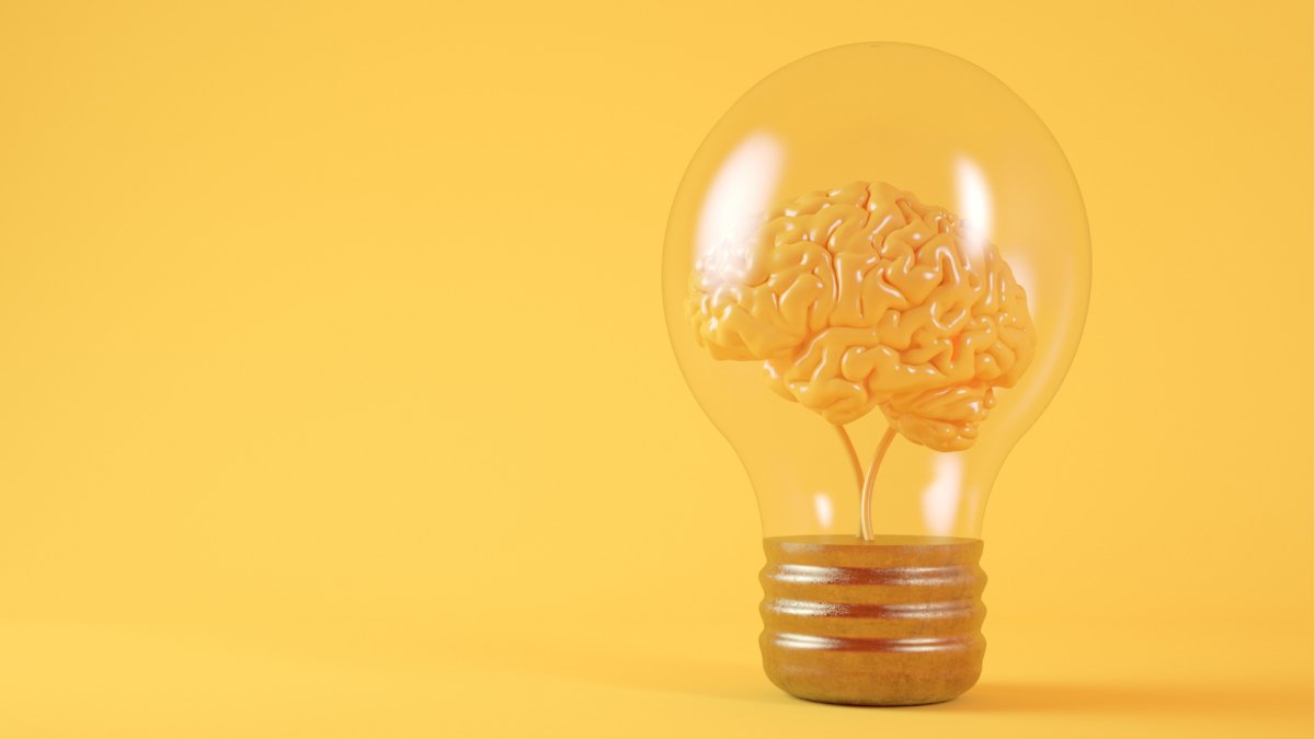 orange brain representing the mind inside an electric with yellow background bulb