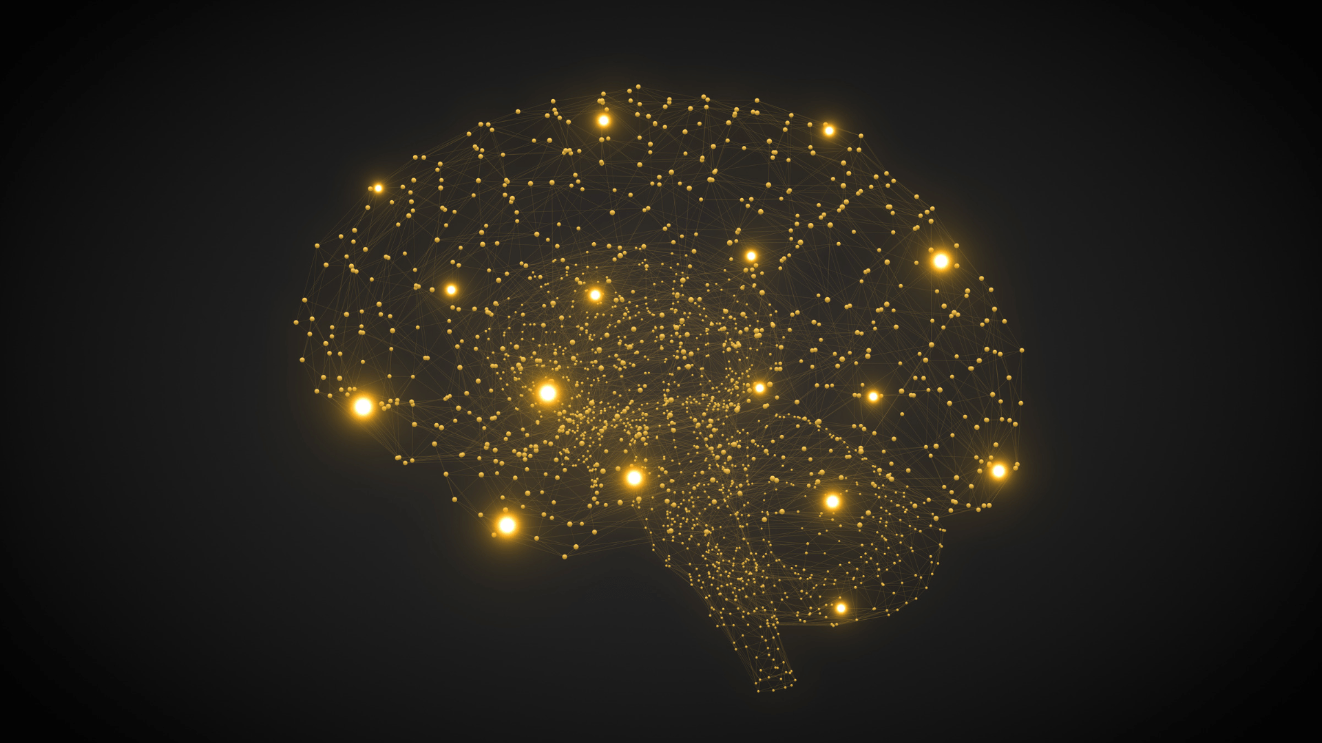 brain with connection of small yellow lights inside, black background
