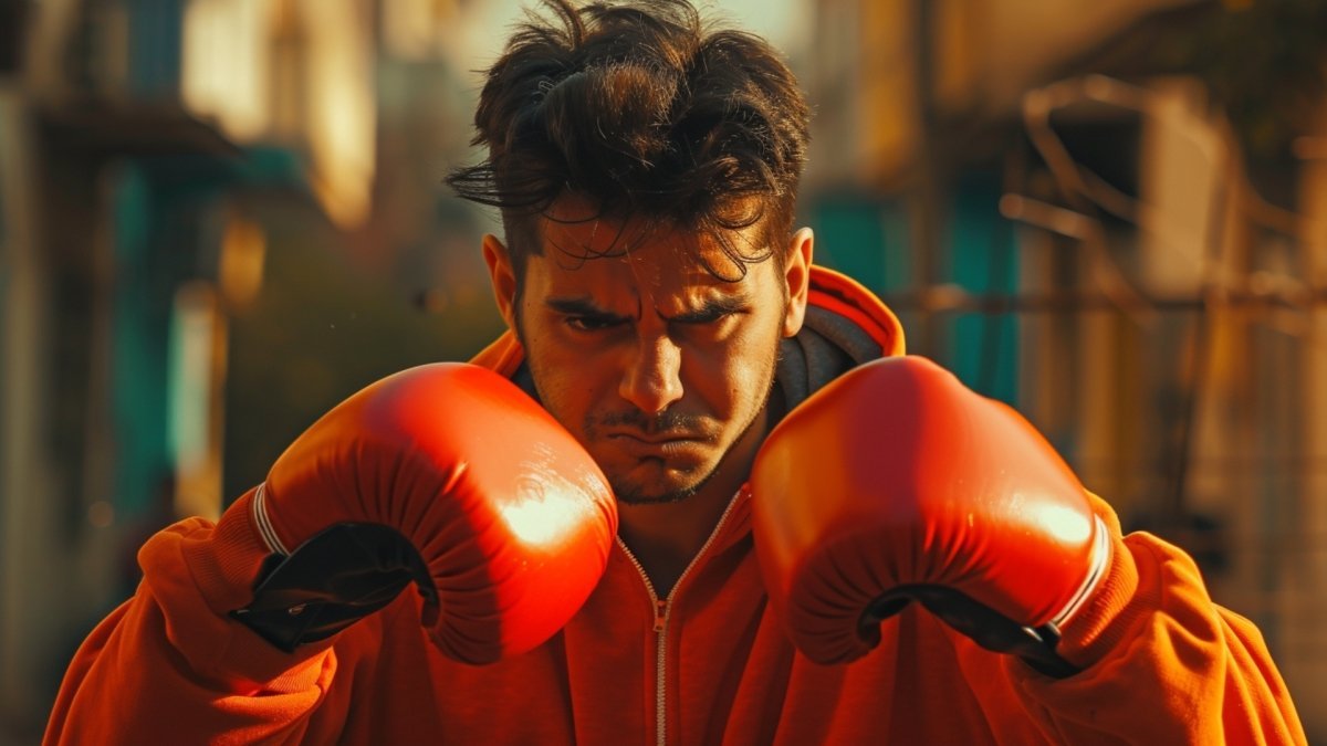 Man ready to fight his fears wearing boxing gloves: Brave or Courageous