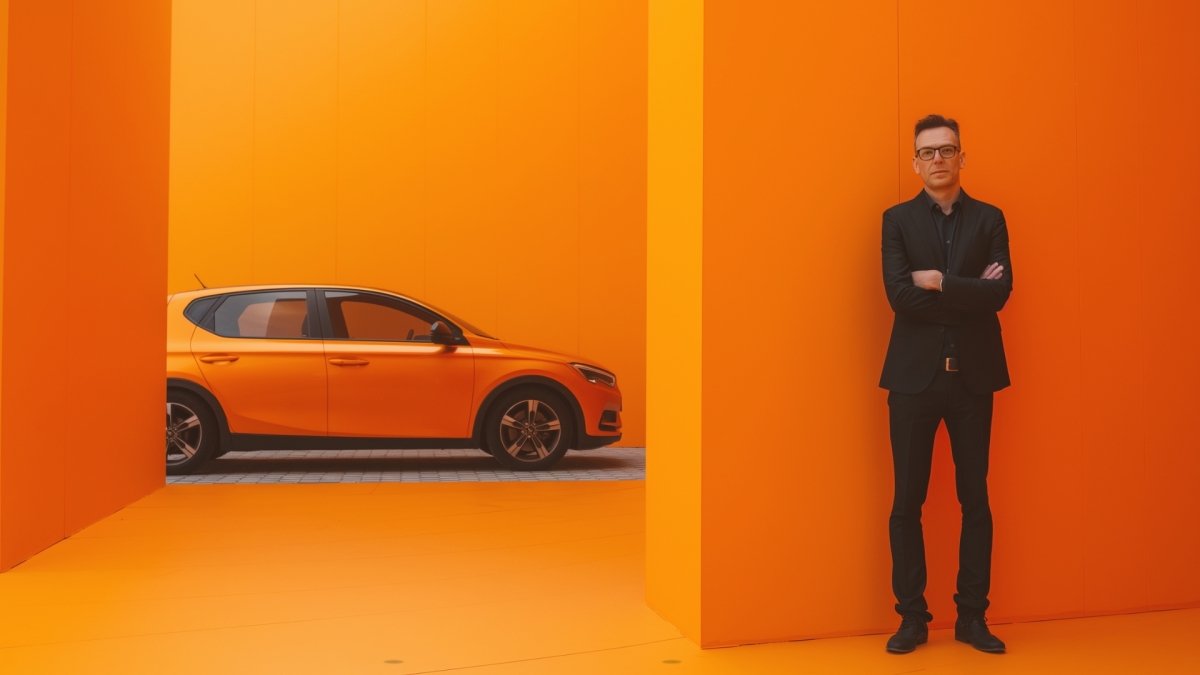 A confident looking man standing near the wall with a car in the background