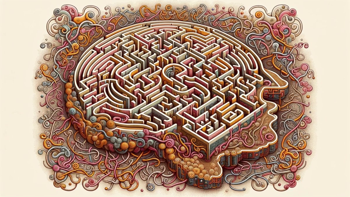 illustration colorful head with maze inside representing ego and soul 