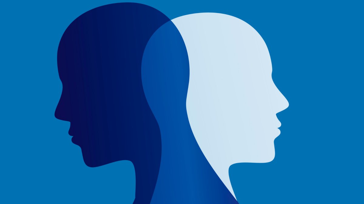 Two outlines of faces looking opposites, different shades of blue, art style