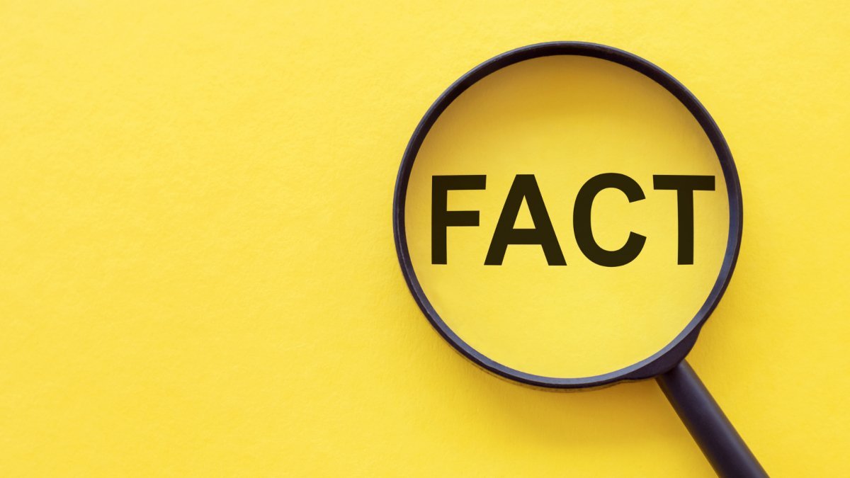 the words "fact" written in capital black letter under a magnify glass, yellow background