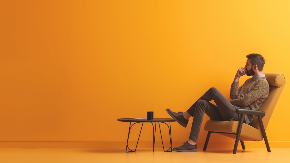 A man sitting on a chair and thinking, showing traits of a Gamma male