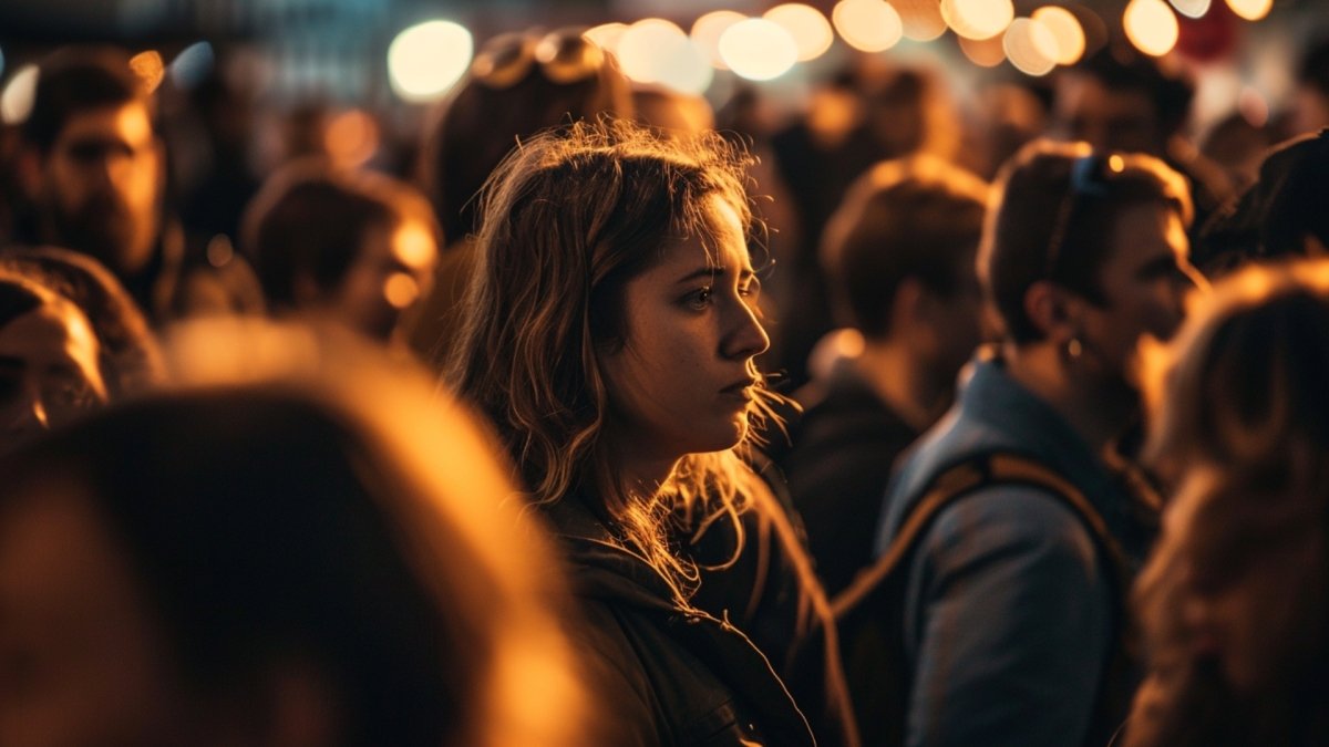 Girl in a crowd comparing herself with others