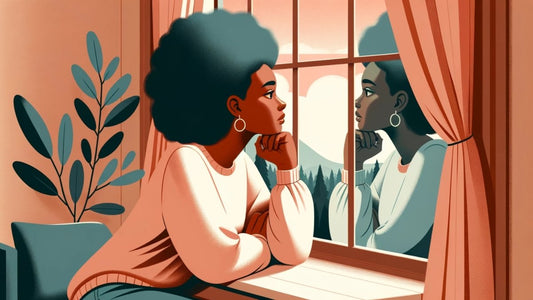 Illustration of a girl sitting at the window, looking outside, thinking about relationship 