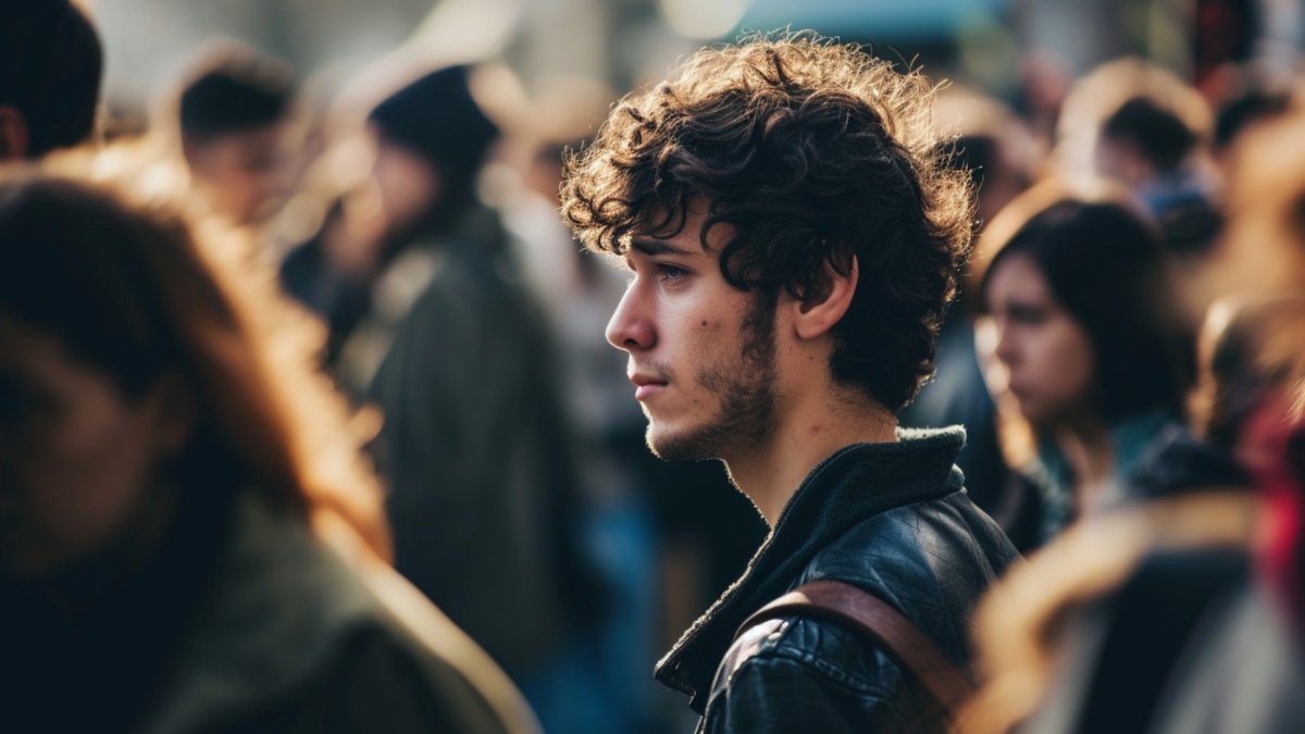 man standing in crowd thinking 'I don't deserve love' 