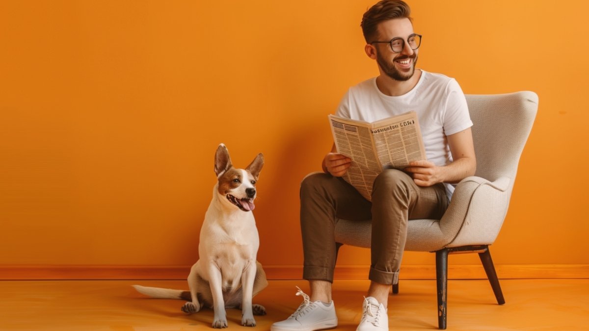 A man living his best life, sitting on a chair and reading newspaper with his dog on side