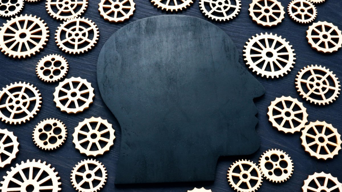 outline of a head surrounded by gears of different sizes on a blue background