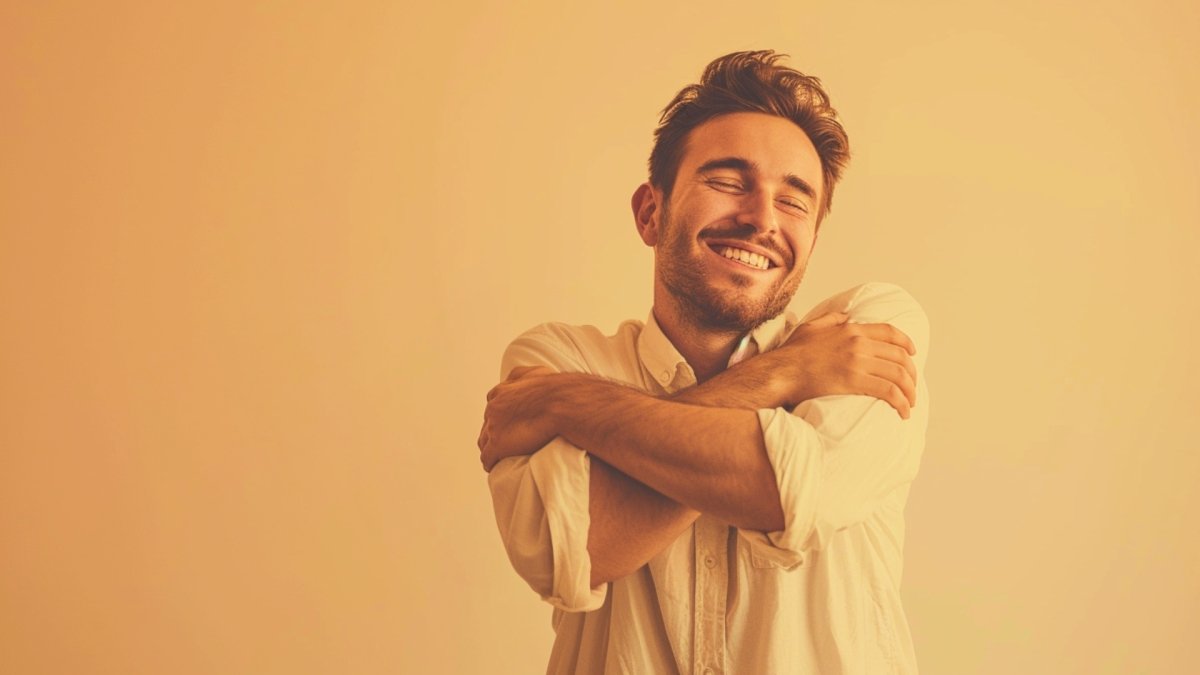Man hugging himself with kindness, giving himself love and care
