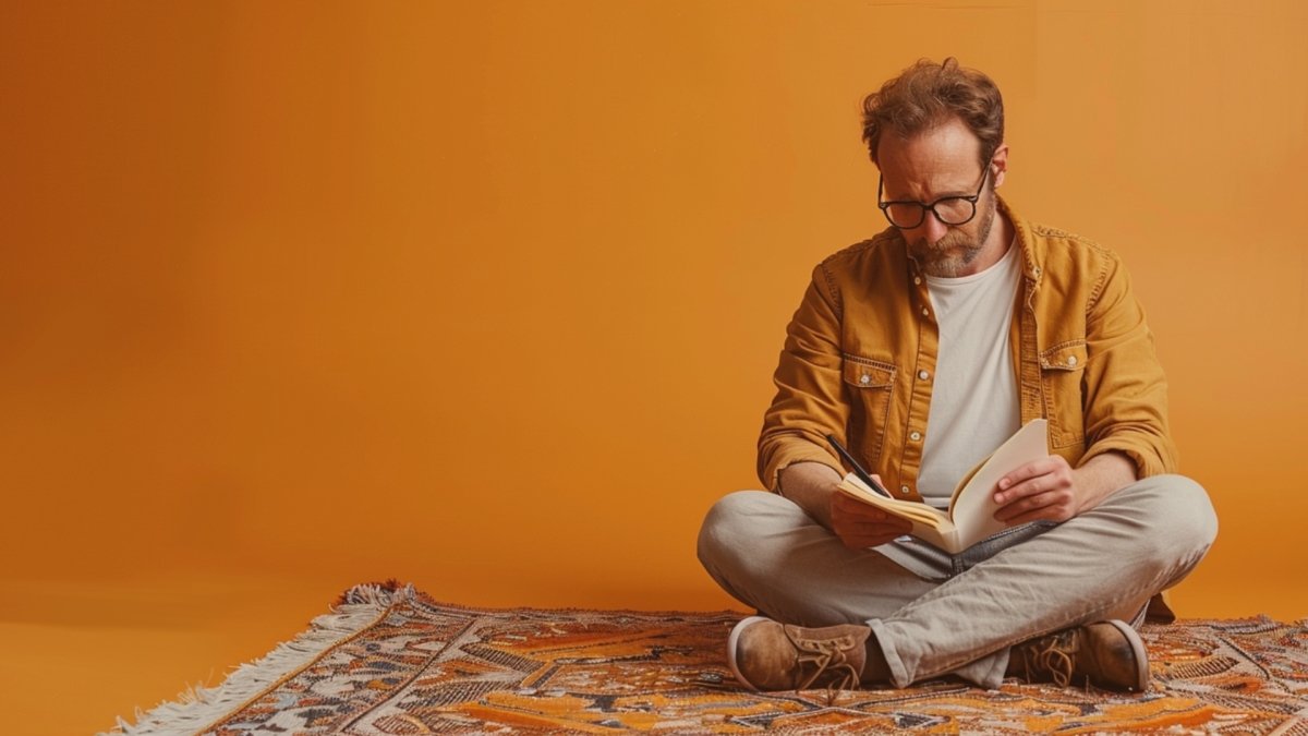 Man reading his journal on a Sunday evening sitting on a rug on floor