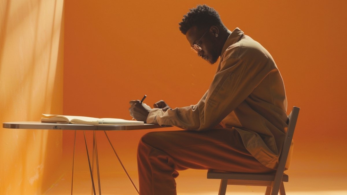 Man sitting on a chair and a table journaling for self growth using prompts