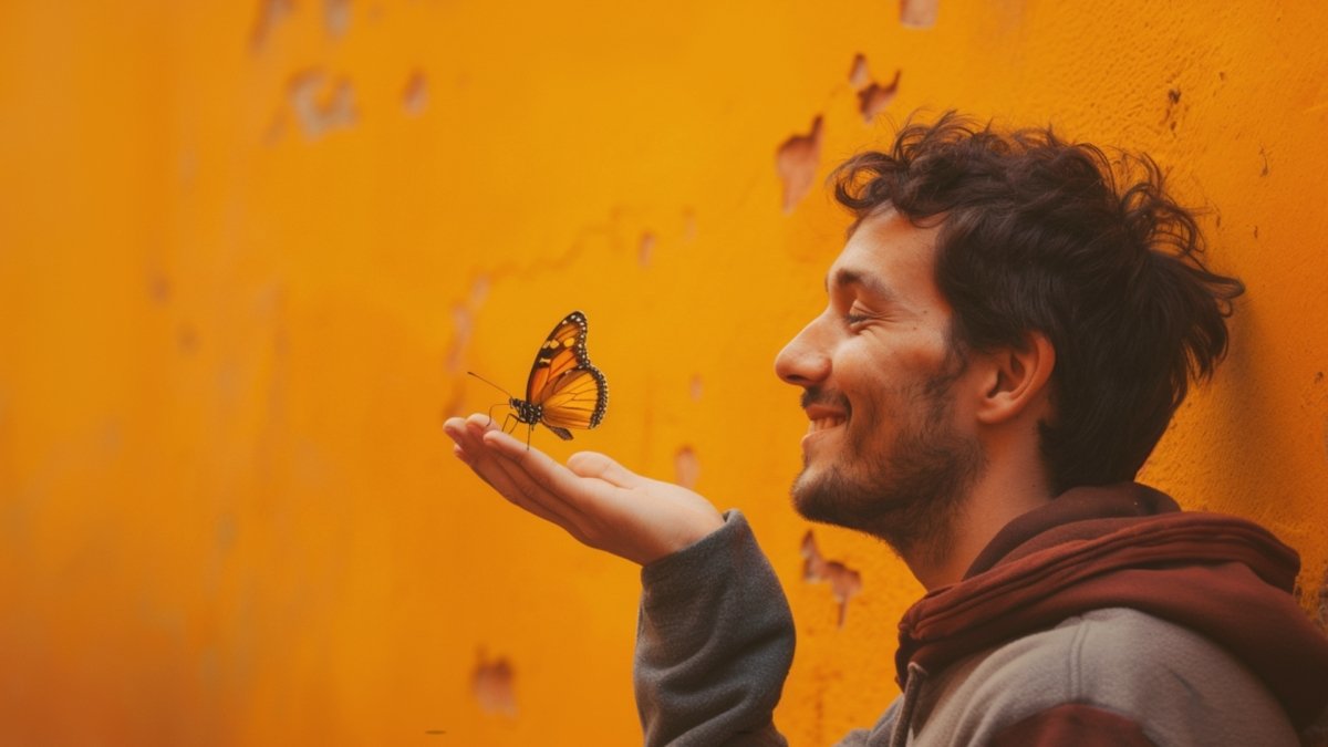 A man smiling at the butterfly sitting on his palm, appreciating beauty in life