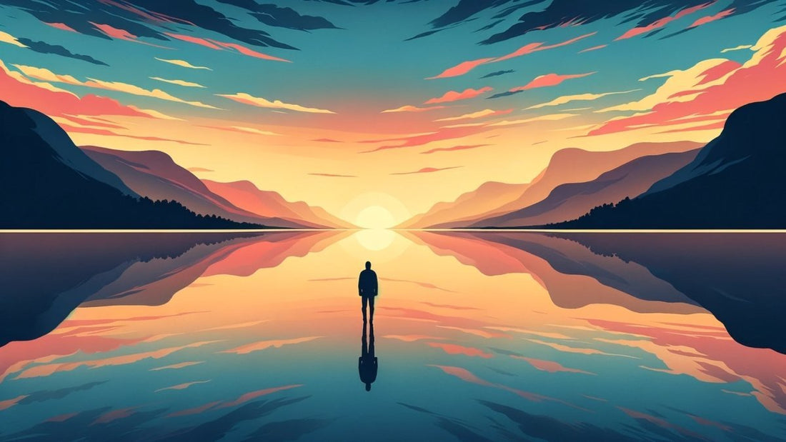 illustration man standing alone on water at sunset 