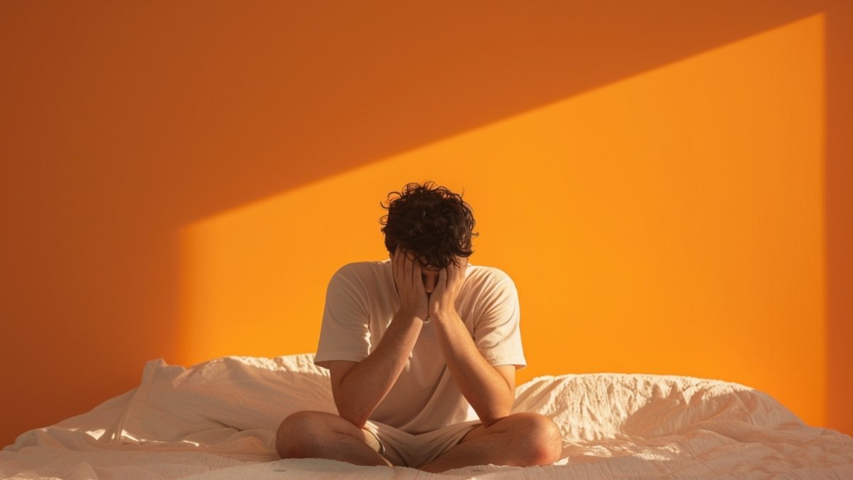 A man sitting on bed closing his face with hands feeling guilty