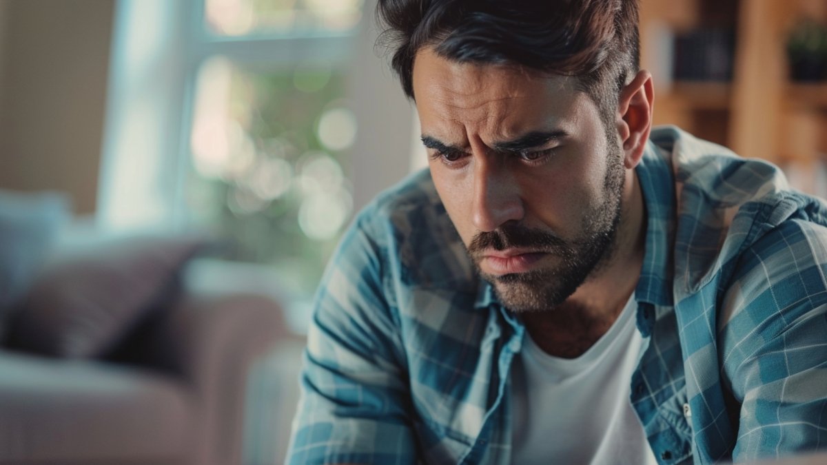 Man feeling guilty of cheating, thinking how to be truthful