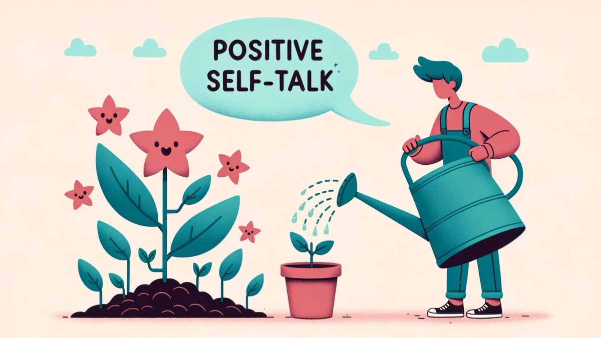 illustration man watering plant representing his growth through positive self talk
