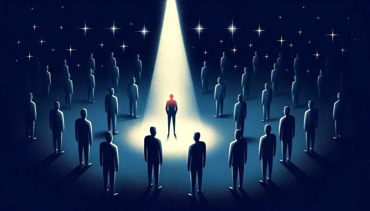 Illustration of an individual standing in the center of a spotlight, surrounded by darkness, symbolizing the unique importance of every individual