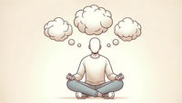 Illustration of a person sitting cross-legged, with translucent thought bubbles emerging from their head, and the individual looking at them with a curious and detached demeanor