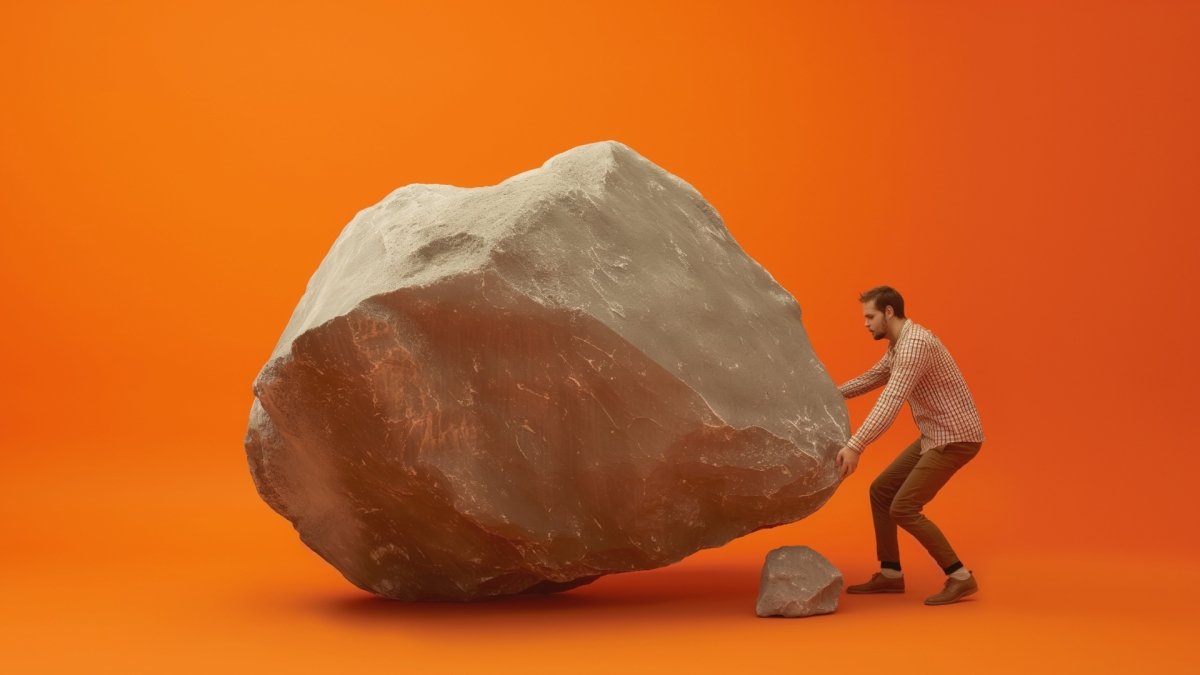 Man pushing a big rock using strength