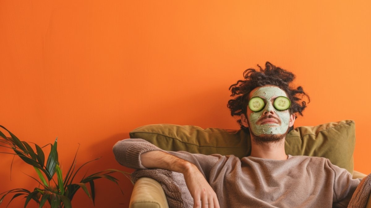 Man sitting on sofa with face pack applied on face doing self care