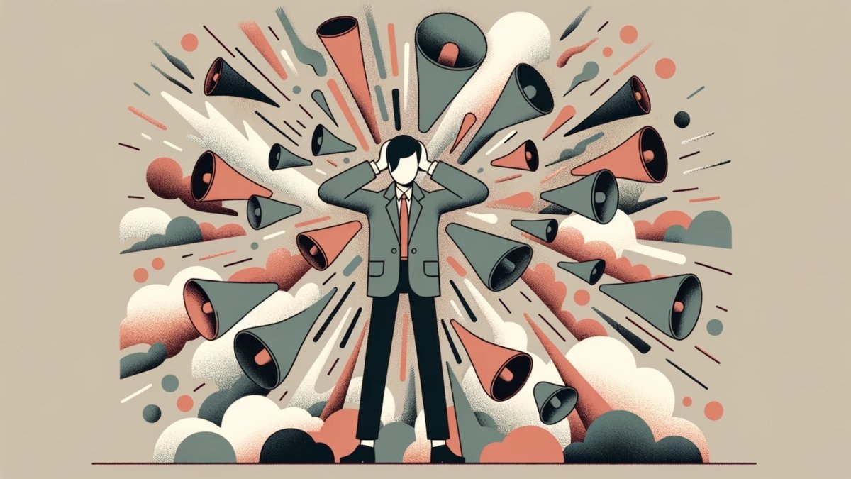 illustration of man blocking his ears from shouting and megaphones