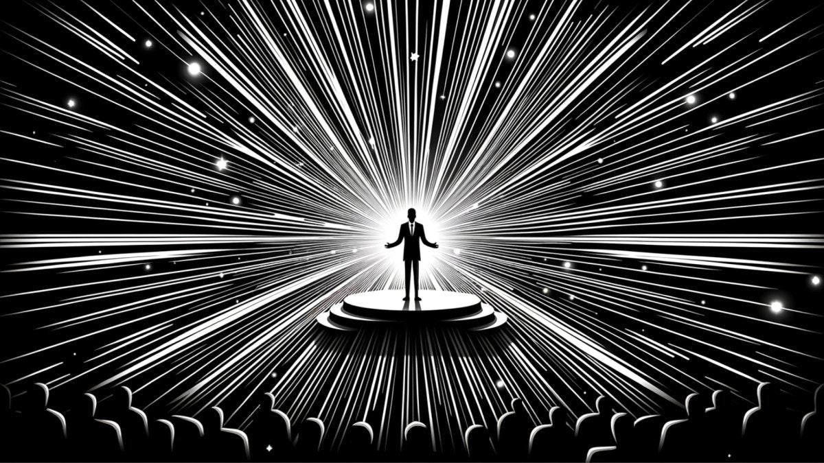 illustration black and white silhouette standing middle of stage showing power of words to audience