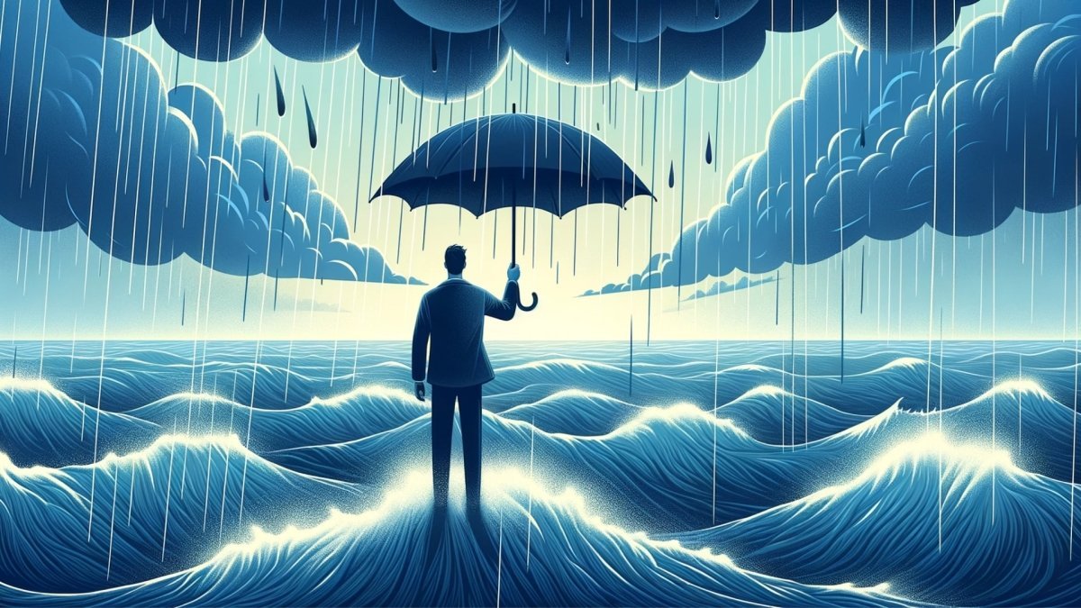 man holding umbrella in the middle of sea storm showing his strength