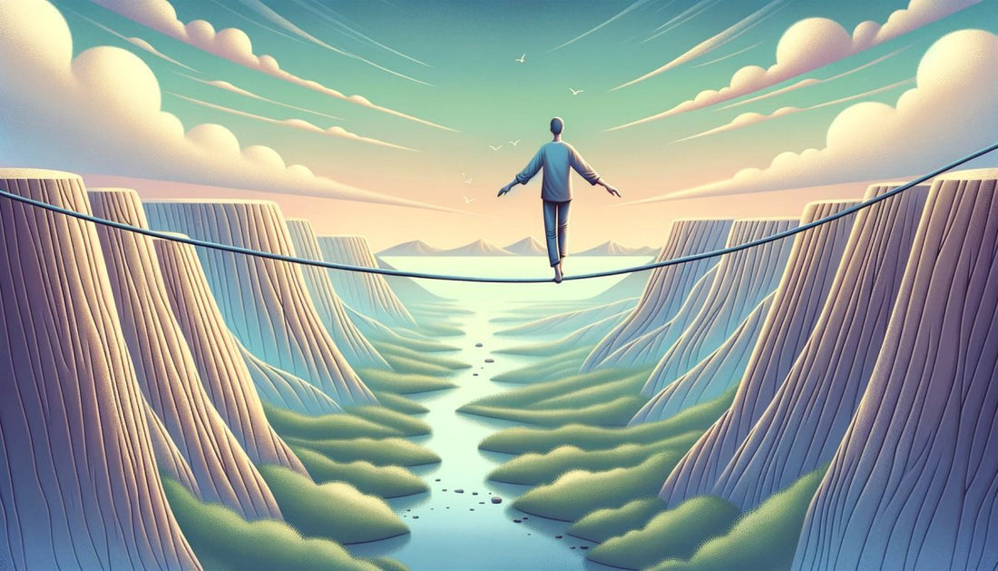 Illustration of a person balancing on a tightrope over a serene landscape, embodying the concentration and presence of mind associated with mindfulness