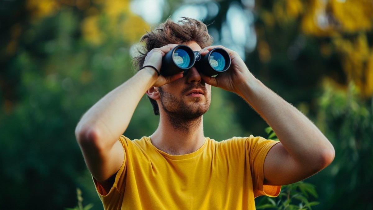 man using binoculars to see for a change of perspective