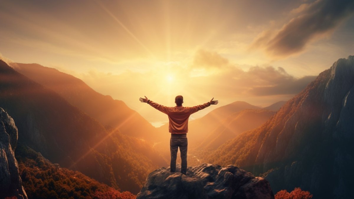 Man standing on a mountain top with open arms celebrating his decision to choose himself