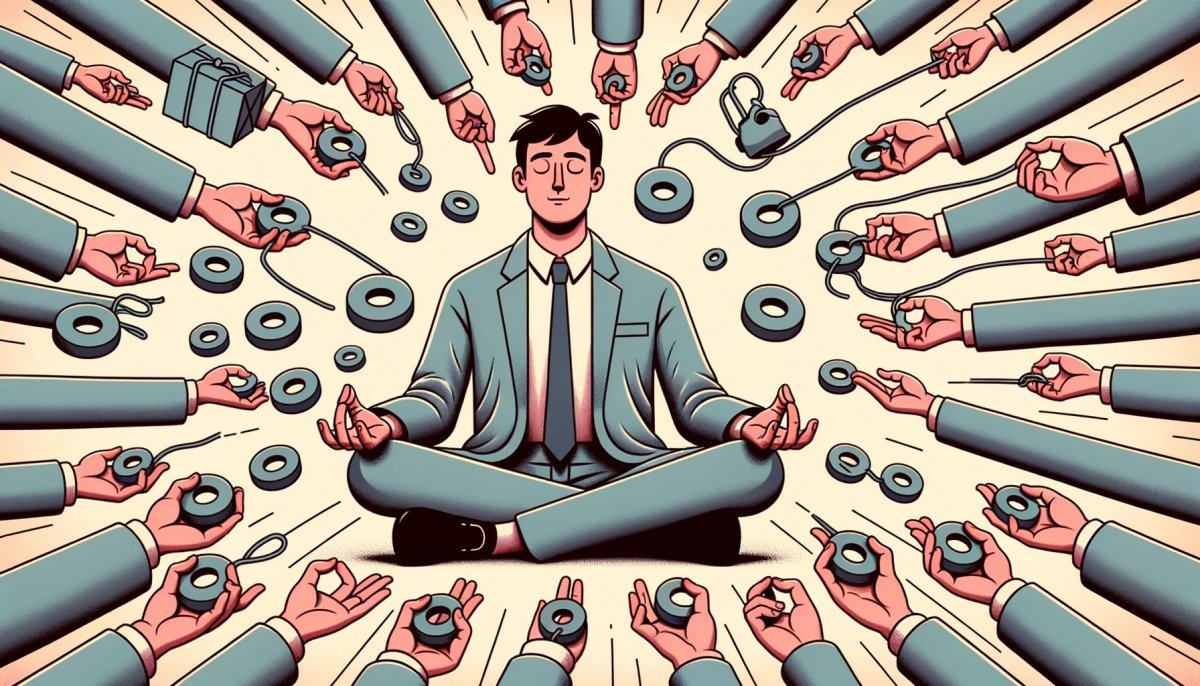 Illustration of a person surrounded by repeated tasks or rituals, but with a serene expression, practicing deep breathing, showcasing mindfulness amidst the compulsions