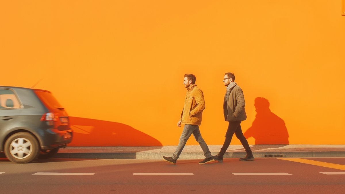 Two men walking to work on a Thursday morning